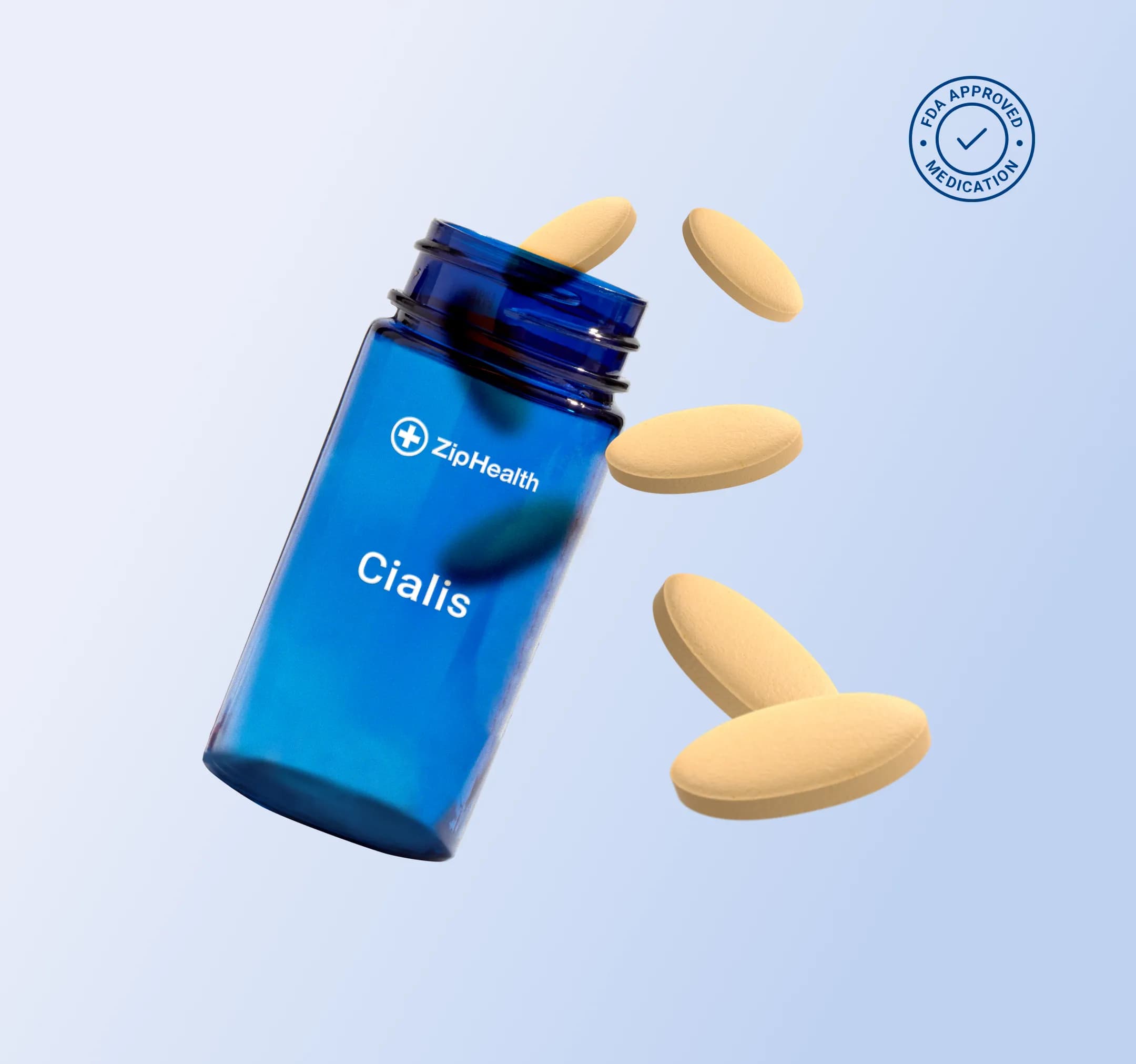 ZipHealth ED medication bottle and pills on a light blue background