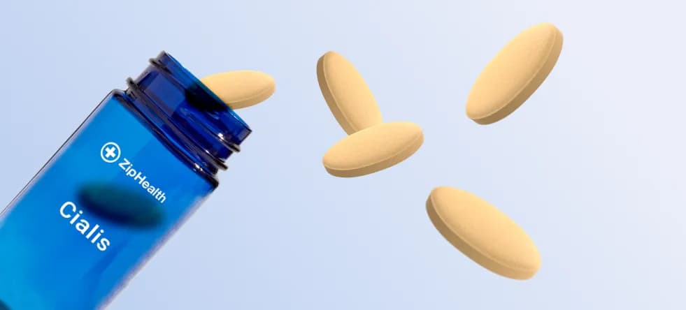 ZipHealth ED medication bottle and pills on a light blue background