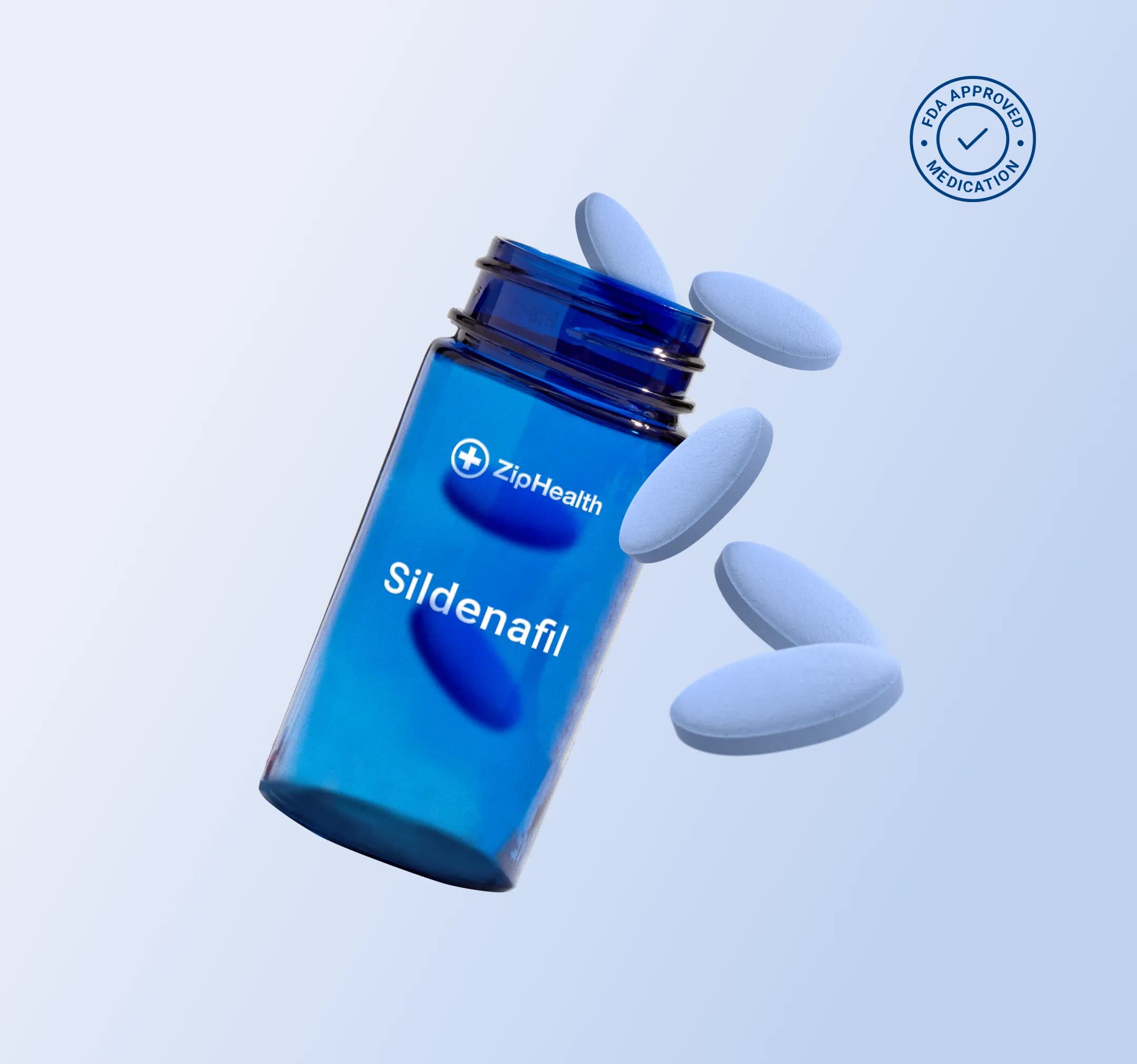 ZipHealth ED medication bottle and pills on a light blue background