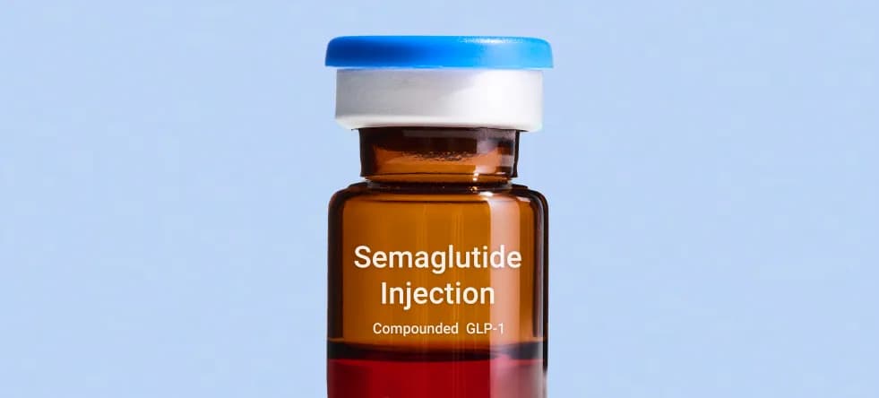 ZipHealth compounded semaglutide vial on a light blue background