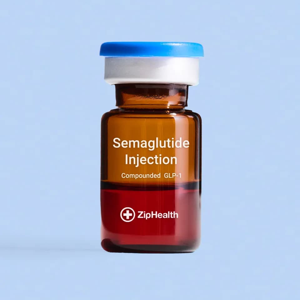 ZipHealth compounded semaglutide vial on a light blue background