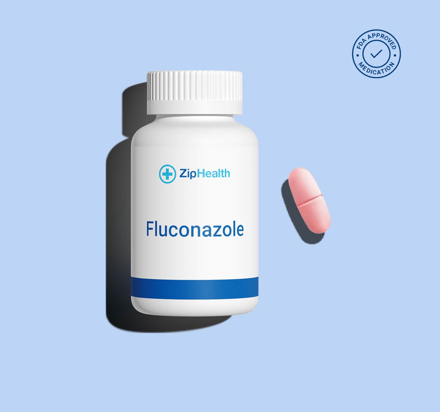 ZipHealth yeast infection medication bottle and pink pill on a light blue background