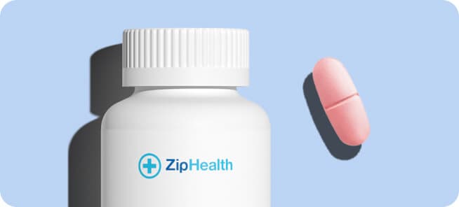 ZipHealth yeast infection medication bottle and pink pill on a light blue background