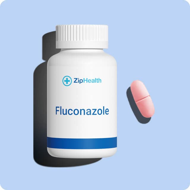 ZipHealth yeast infection medication bottle and pink pill on a light blue background