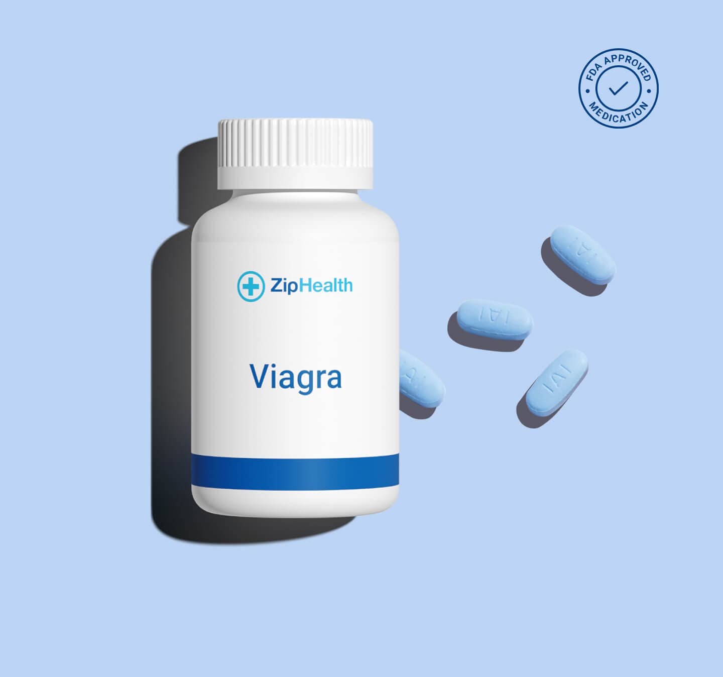 ZipHealth ED medication bottle and blue pills on a light blue background