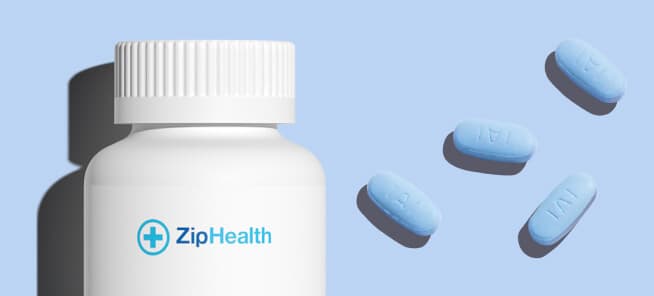 ZipHealth ED medication bottle and blue pills on a light blue background