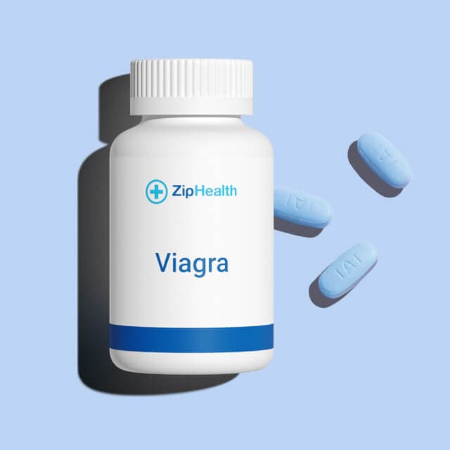 ZipHealth ED medication bottle and blue pills on a light blue background