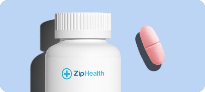 ZipHealth yeast infection medication bottle and pink pill on a light blue background